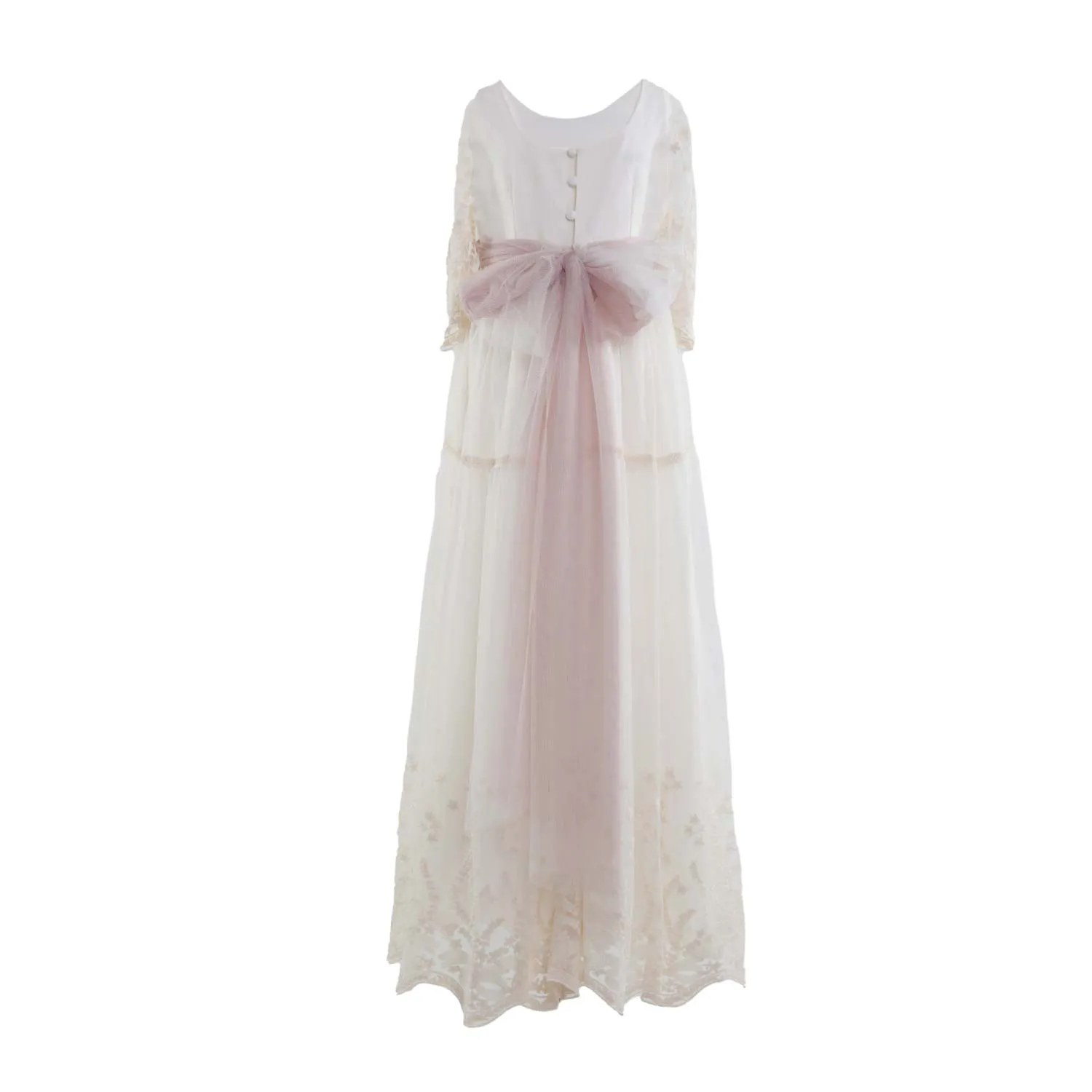 Tete' & Martina Natural White Long Dress With Pink Tulle Belt