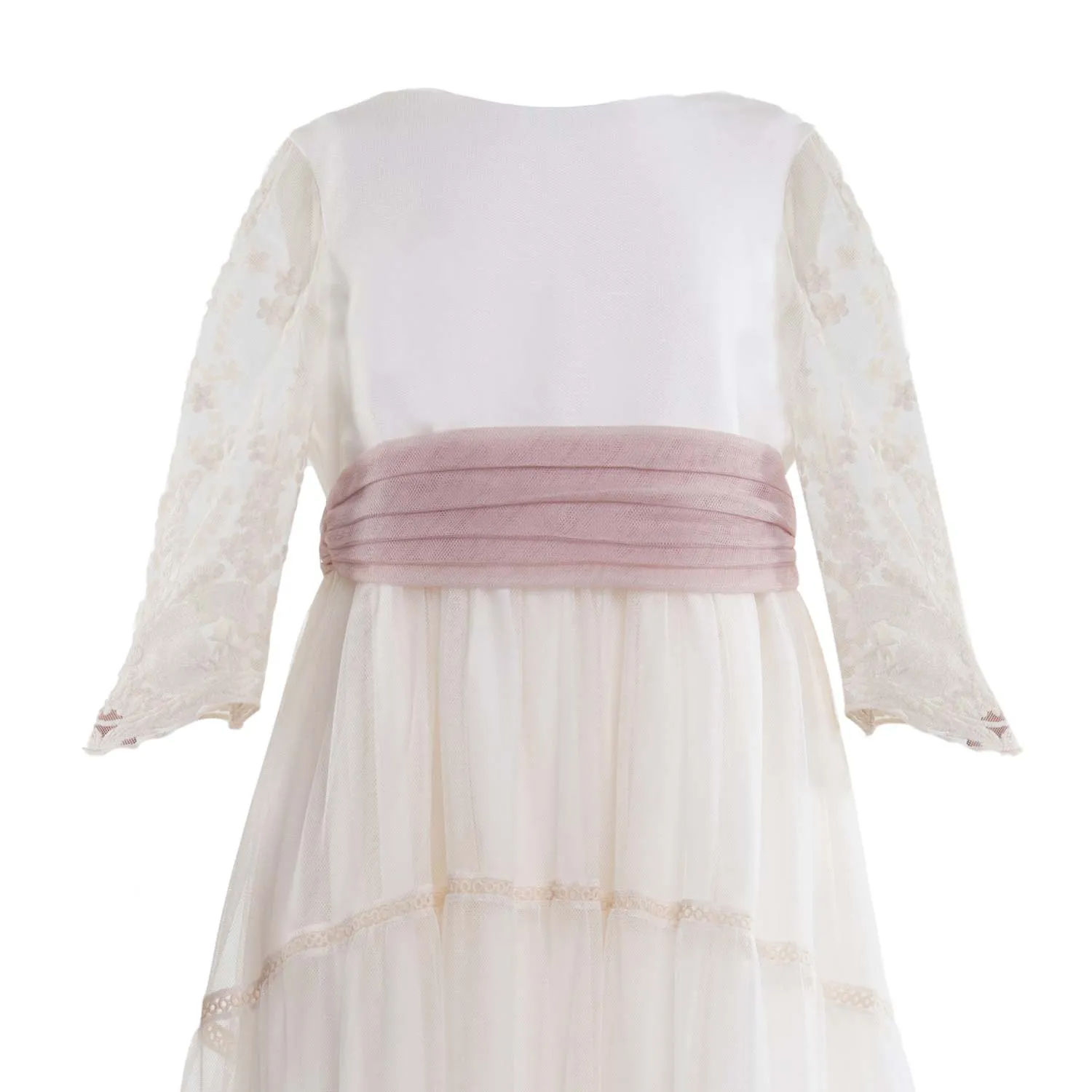 Tete' & Martina Natural White Long Dress With Pink Tulle Belt