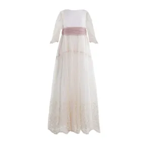 Tete' & Martina Natural White Long Dress With Pink Tulle Belt