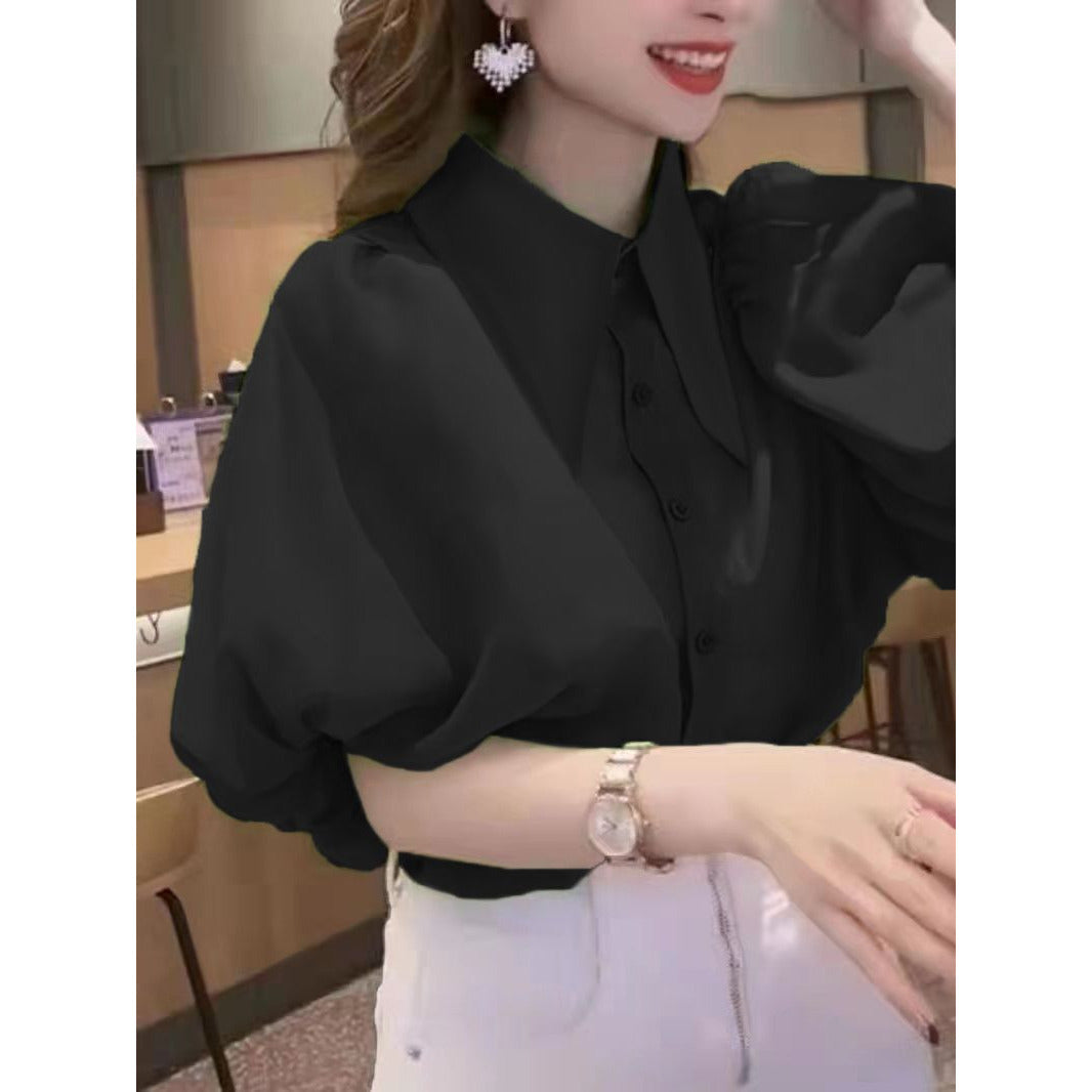 Turn-Down Collar Half Puff Sleeve Shirt