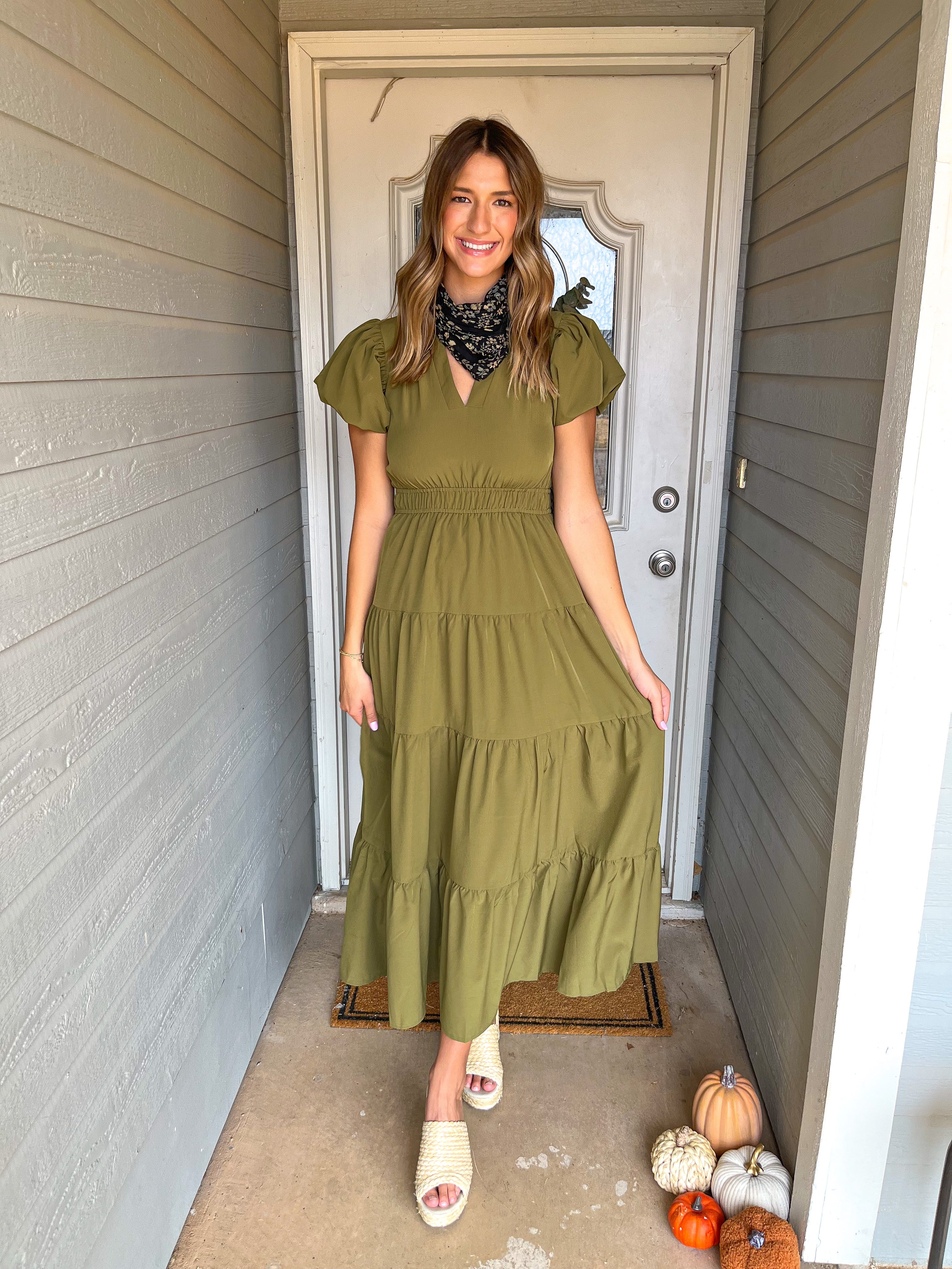 V-Neck Bubble Sleeve Tiered Midi Dress - Martini Olive