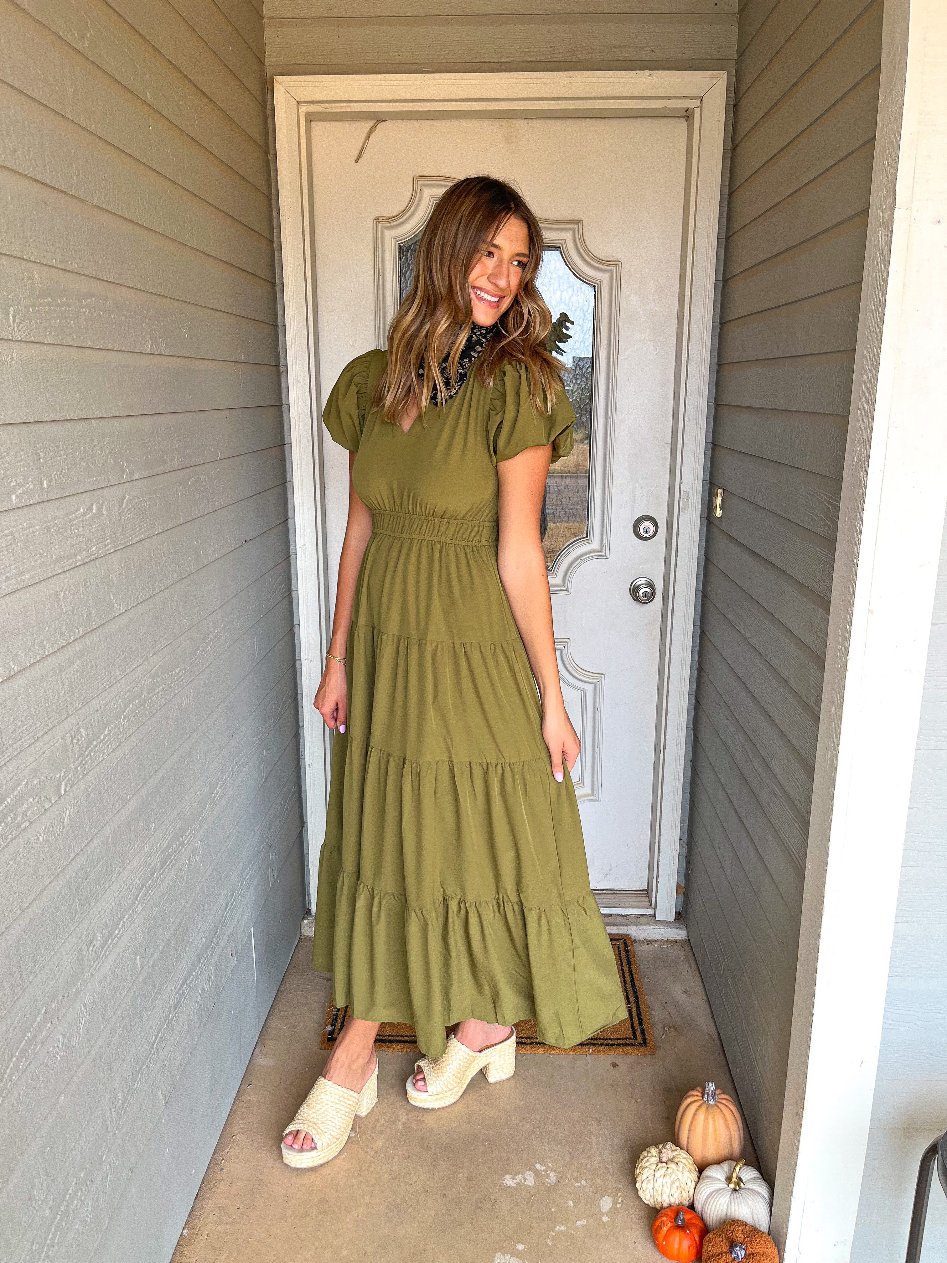 V-Neck Bubble Sleeve Tiered Midi Dress - Martini Olive