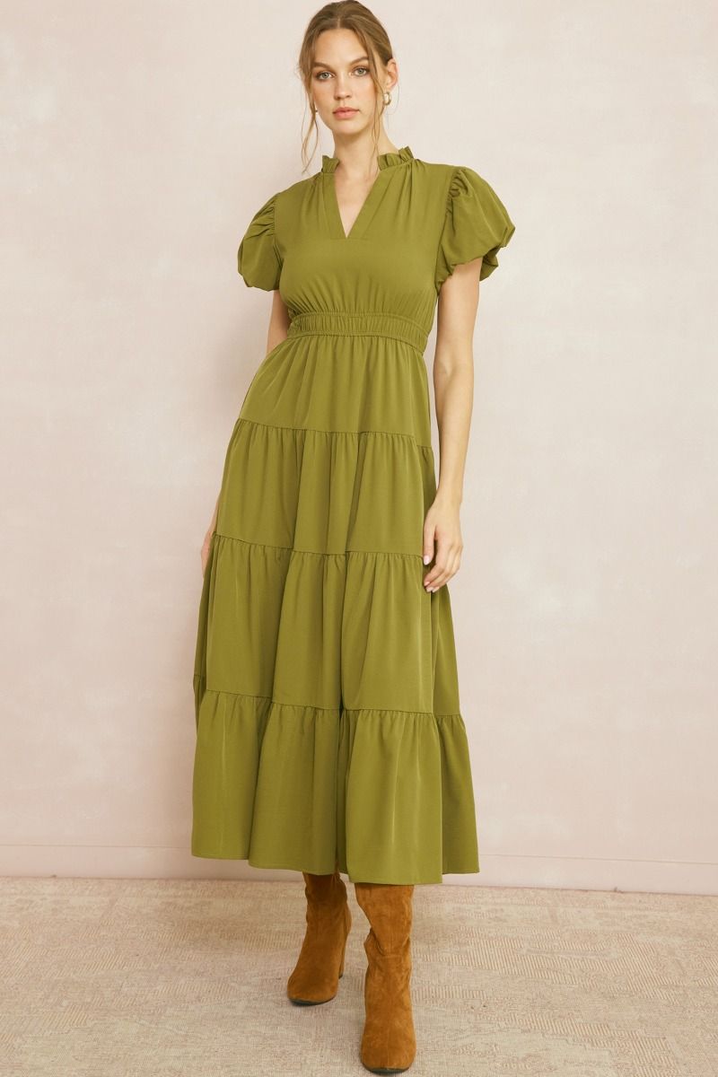 V-Neck Bubble Sleeve Tiered Midi Dress - Martini Olive