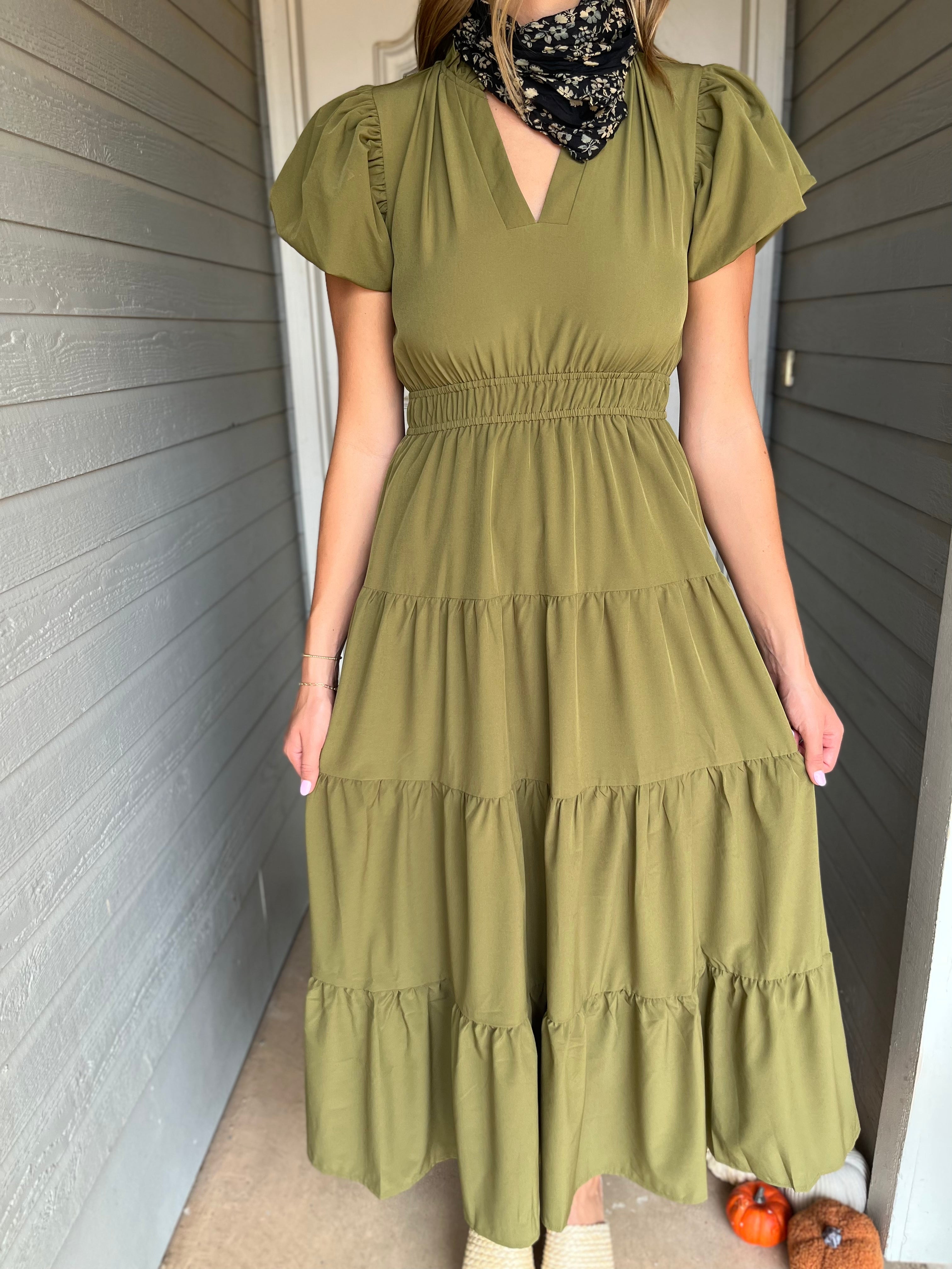 V-Neck Bubble Sleeve Tiered Midi Dress - Martini Olive