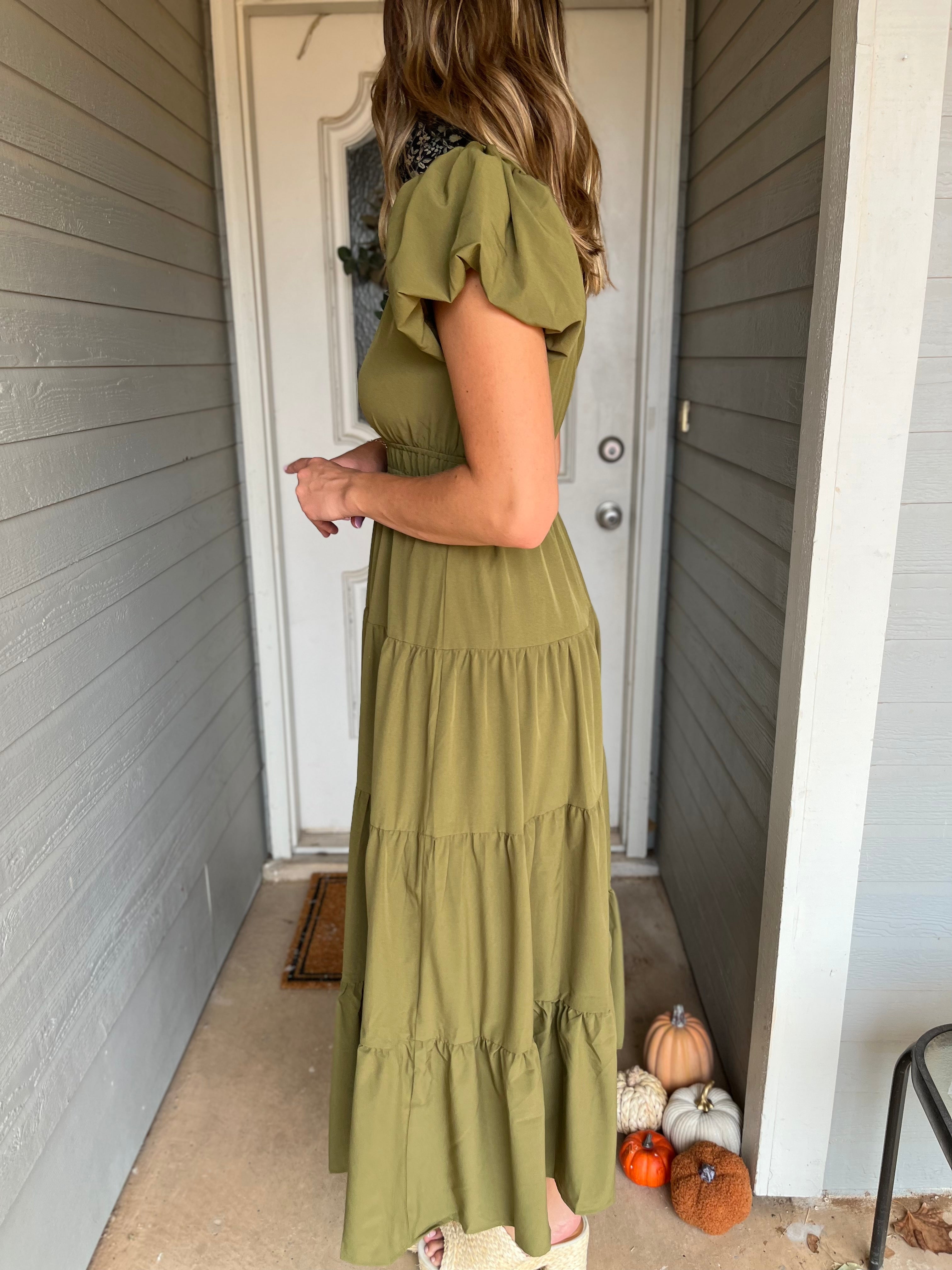 V-Neck Bubble Sleeve Tiered Midi Dress - Martini Olive