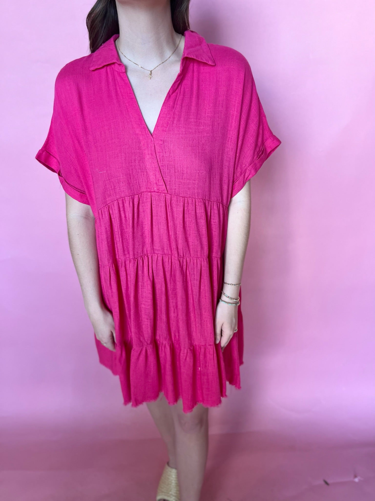 V-Neck Collared Ruffle Tiered Mini Dress - Hot Pink