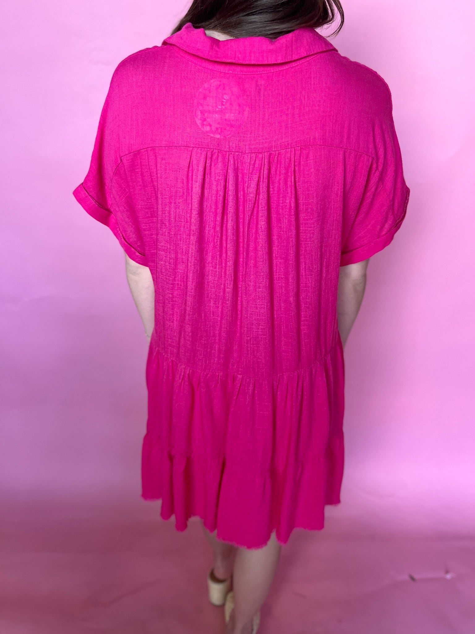 V-Neck Collared Ruffle Tiered Mini Dress - Hot Pink