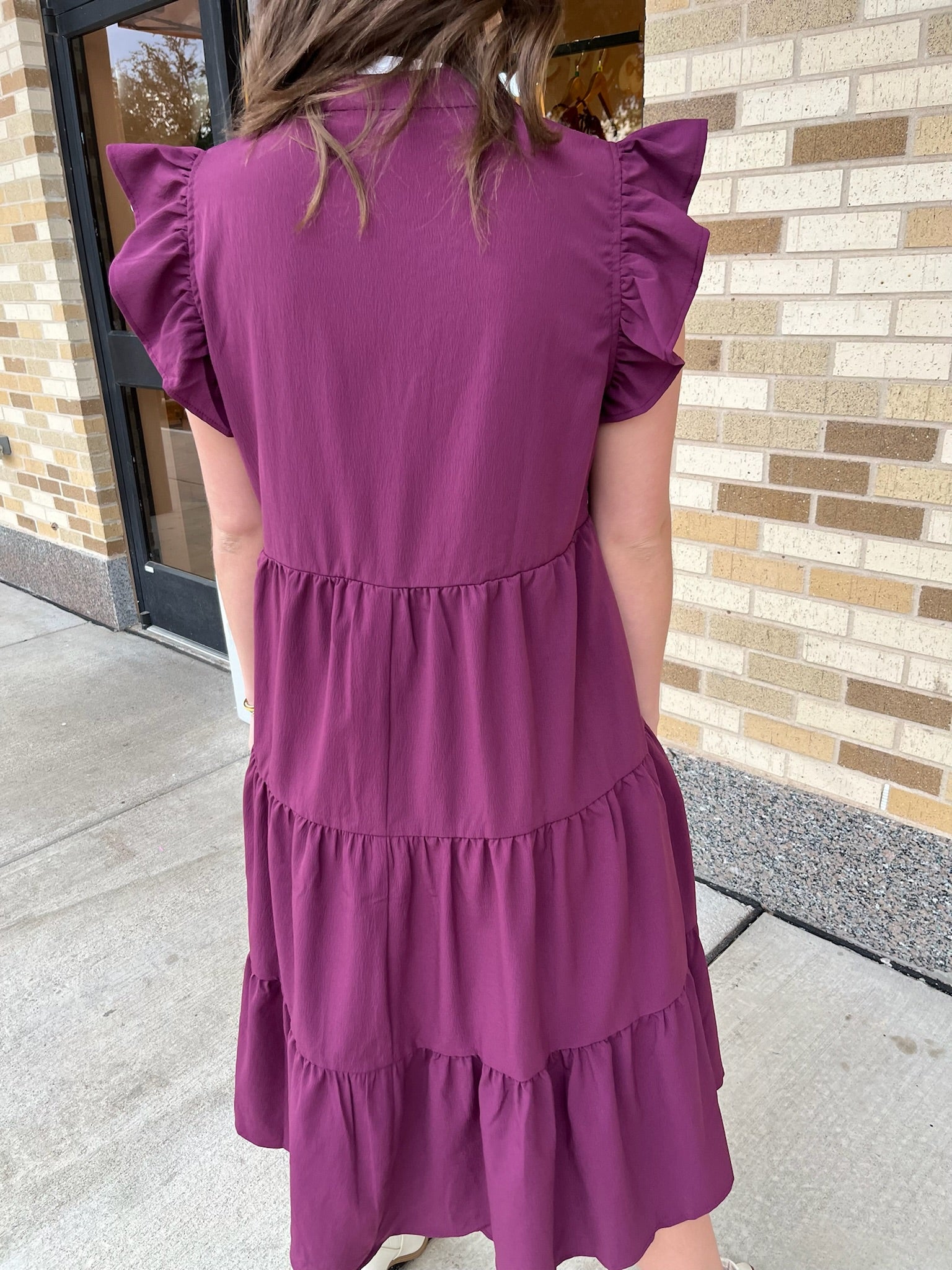 V-Neck Ruffle Sleeve Tiered Midi Dress