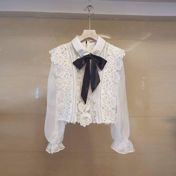 White Lace Sheer Bow Neck Shirt