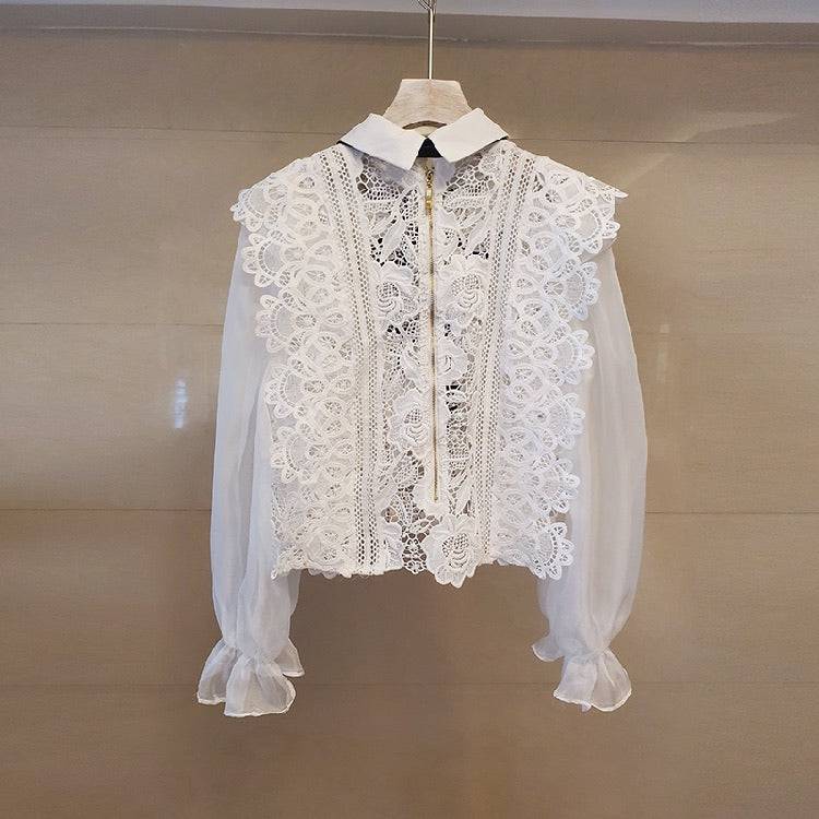 White Lace Sheer Bow Neck Shirt