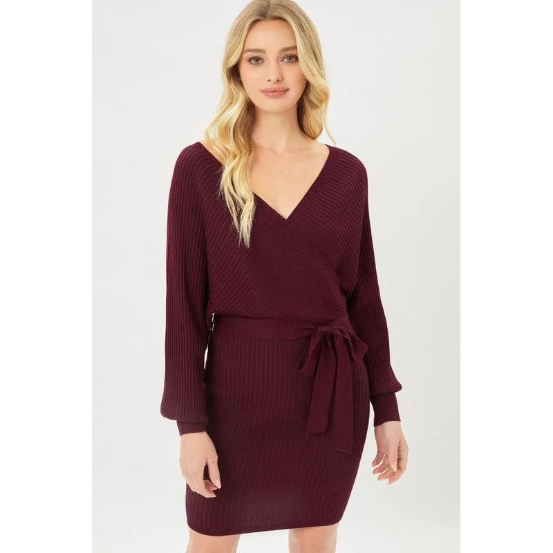 Wine Sweater Dress with Belt