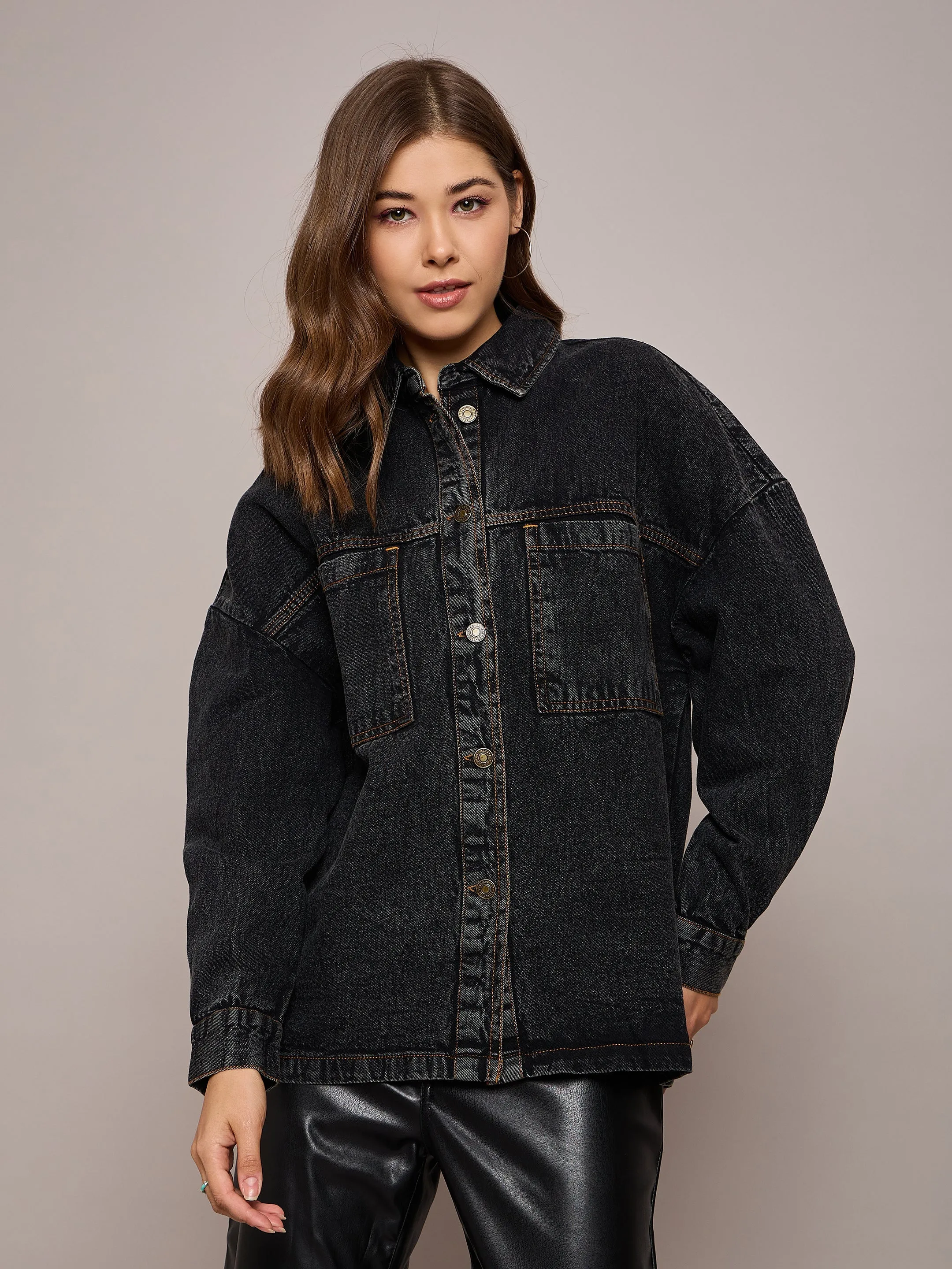 Women Black Denim Oversized Jacket