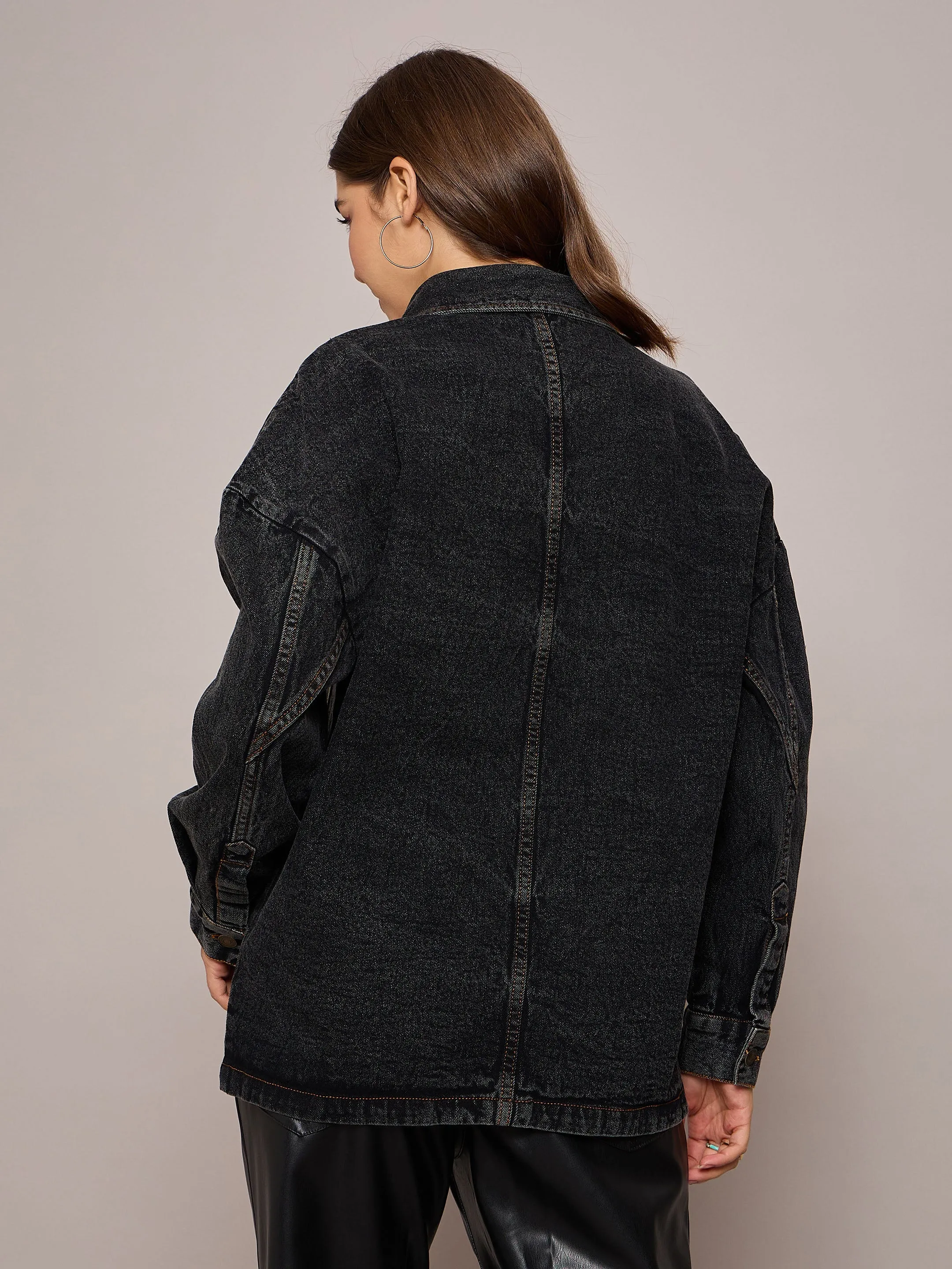 Women Black Denim Oversized Jacket