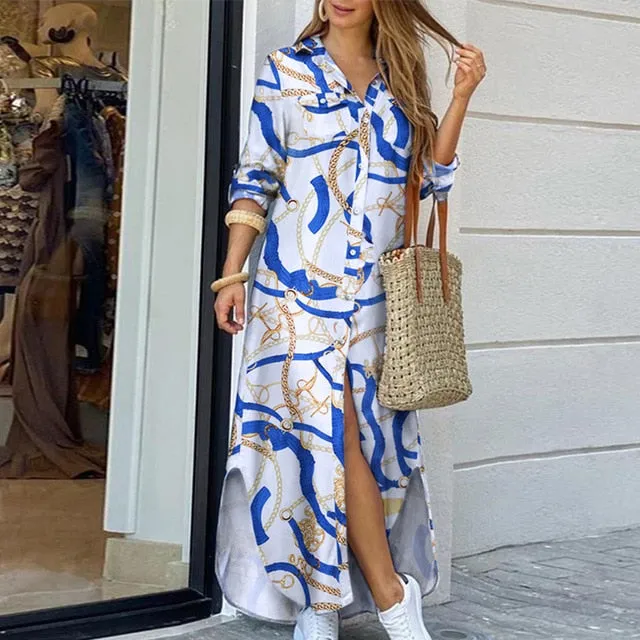 Women Elegant Button Down Long Shirt Dress