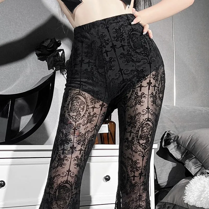 Women's Gothic High-waisted Floral Lace Sheer Bell-bottoms