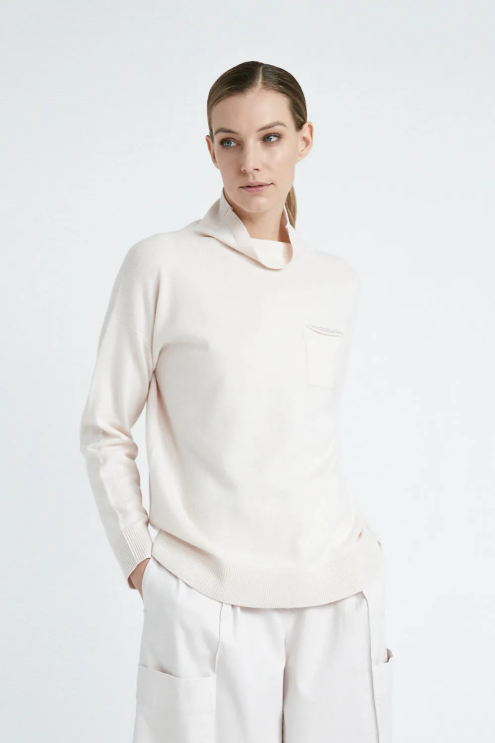 Wool, silk and cashmere shaved knit high neck sweater