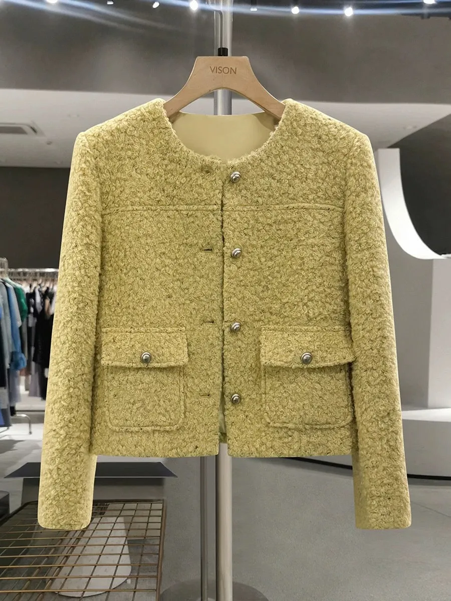 Yellow light luxury, gentle and fragrant style woolen short coat for women in autumn and winter 2024 new niche drape trendy top