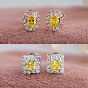 Yellow Princess & Oval Diamond Halo Stud Earrings