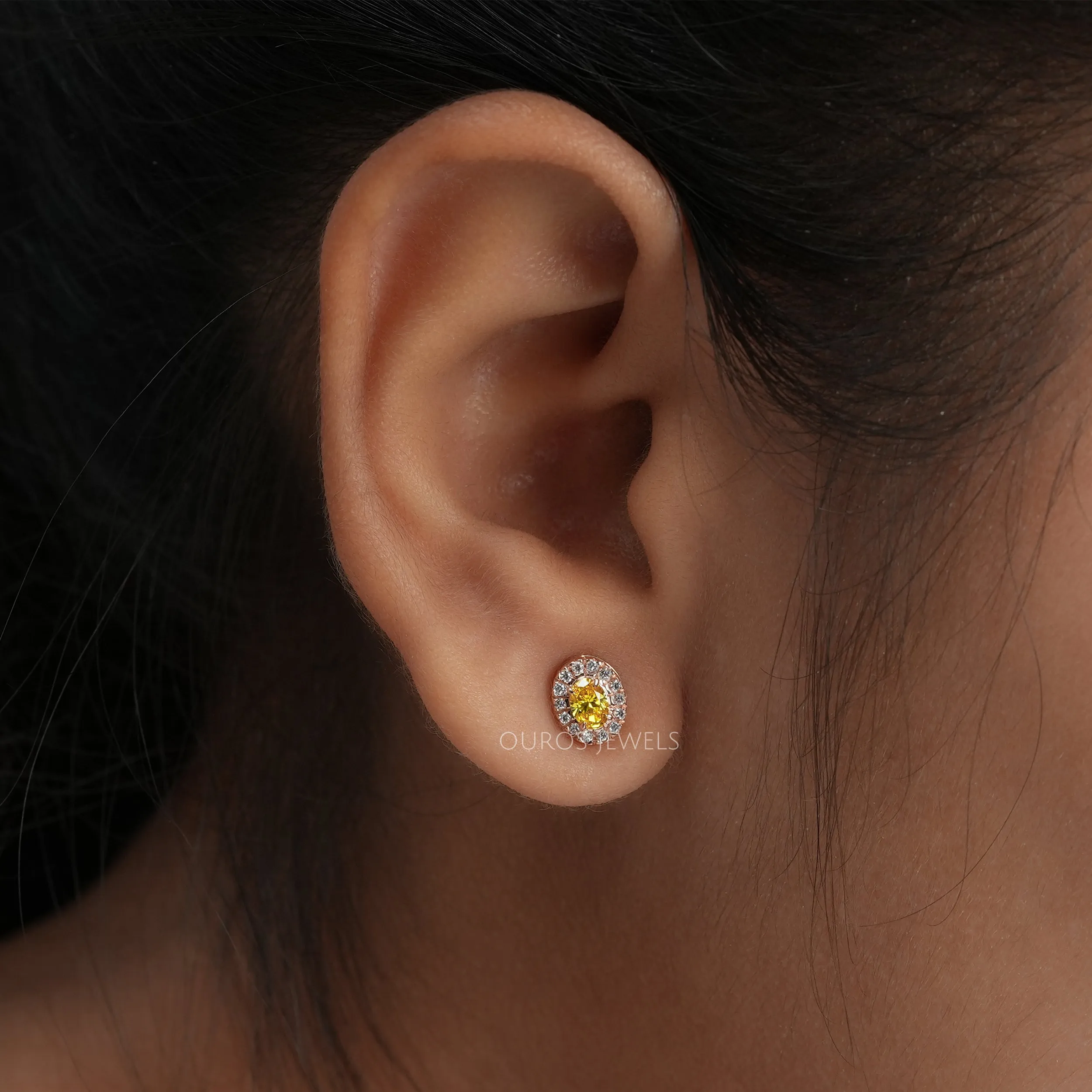 Yellow Princess & Oval Diamond Halo Stud Earrings