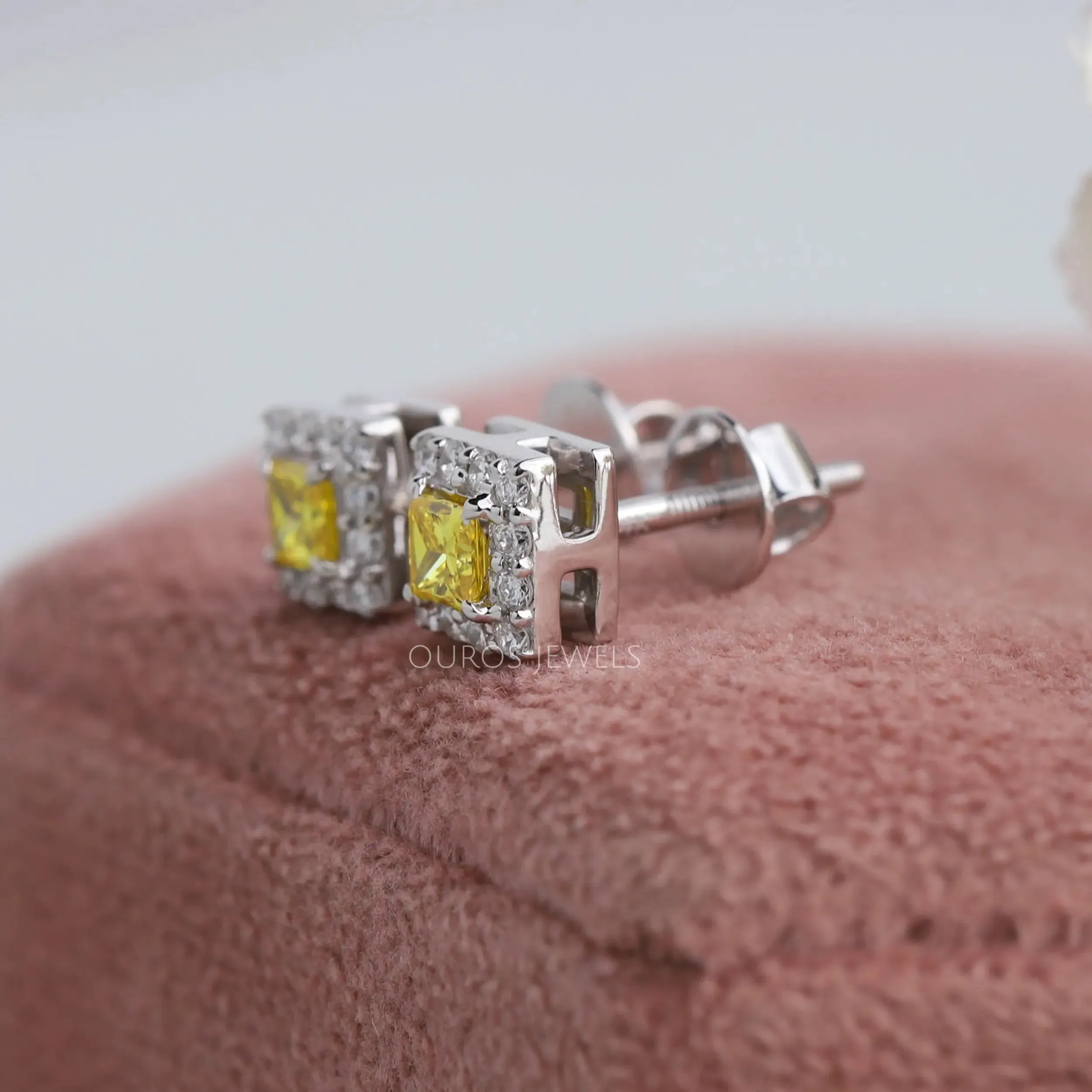 Yellow Princess & Oval Diamond Halo Stud Earrings