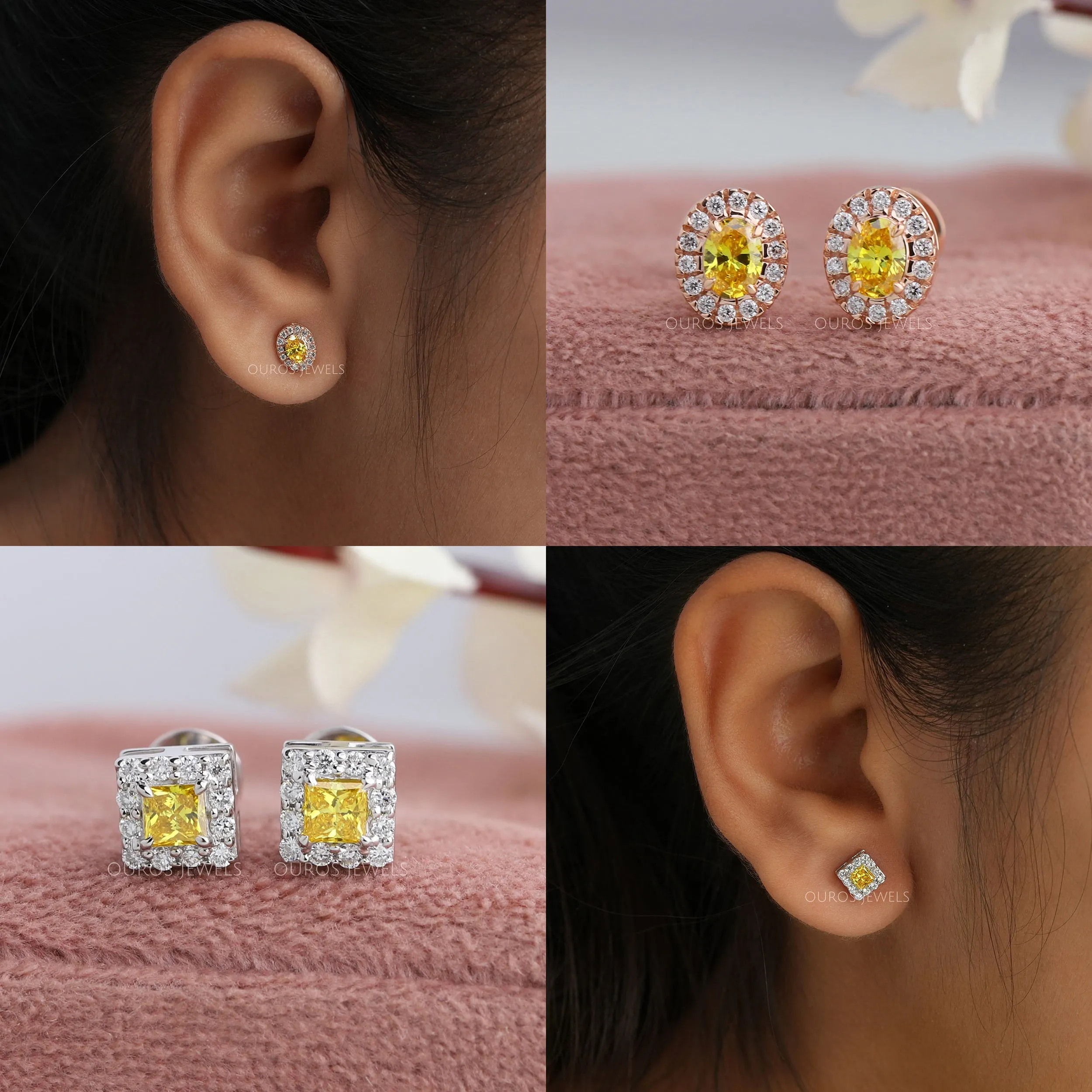 Yellow Princess & Oval Diamond Halo Stud Earrings