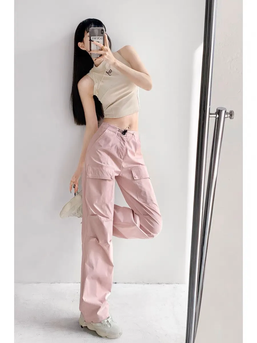 Yuppie hotties walking the streets low-waist drawstring pink overalls for women ins trendy loose American leg-tie straight wide-