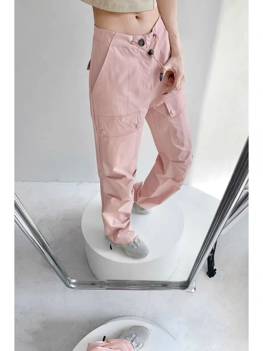 Yuppie hotties walking the streets low-waist drawstring pink overalls for women ins trendy loose American leg-tie straight wide-