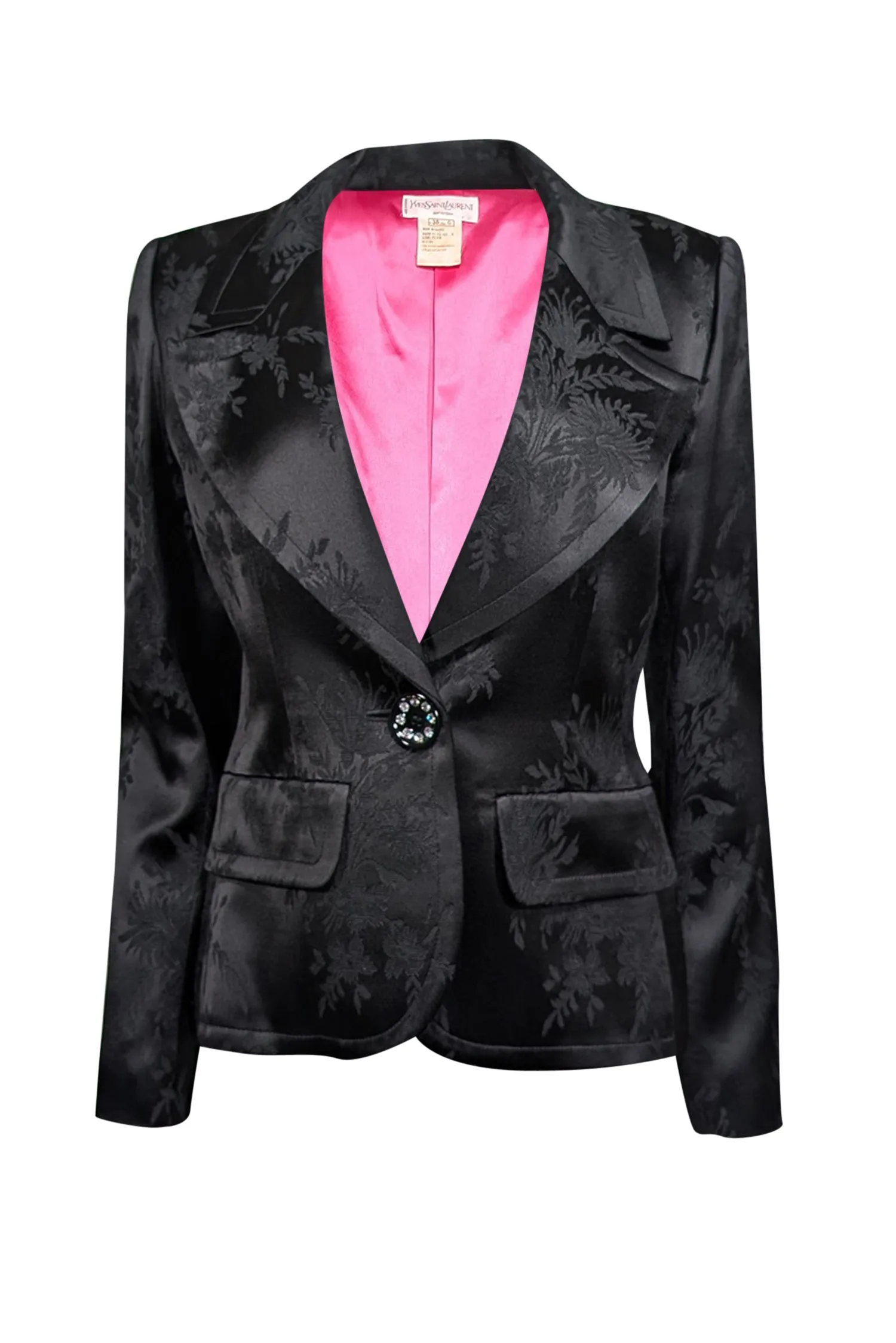 Yves Saint Laurent - Black Floral Satin Brocade Blazer Sz 6